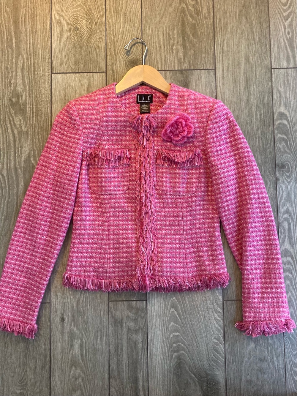 INC International Concepts Pink Tweed Fringe Cropped Jacket
